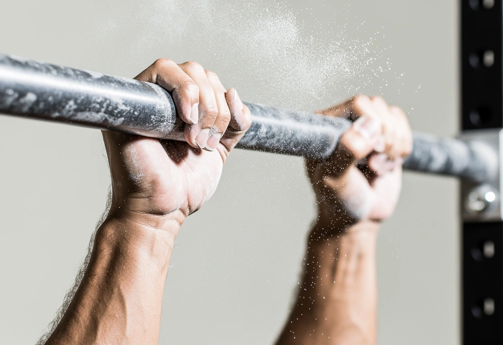 Hände am Klimmzuggriff mit Magnesia