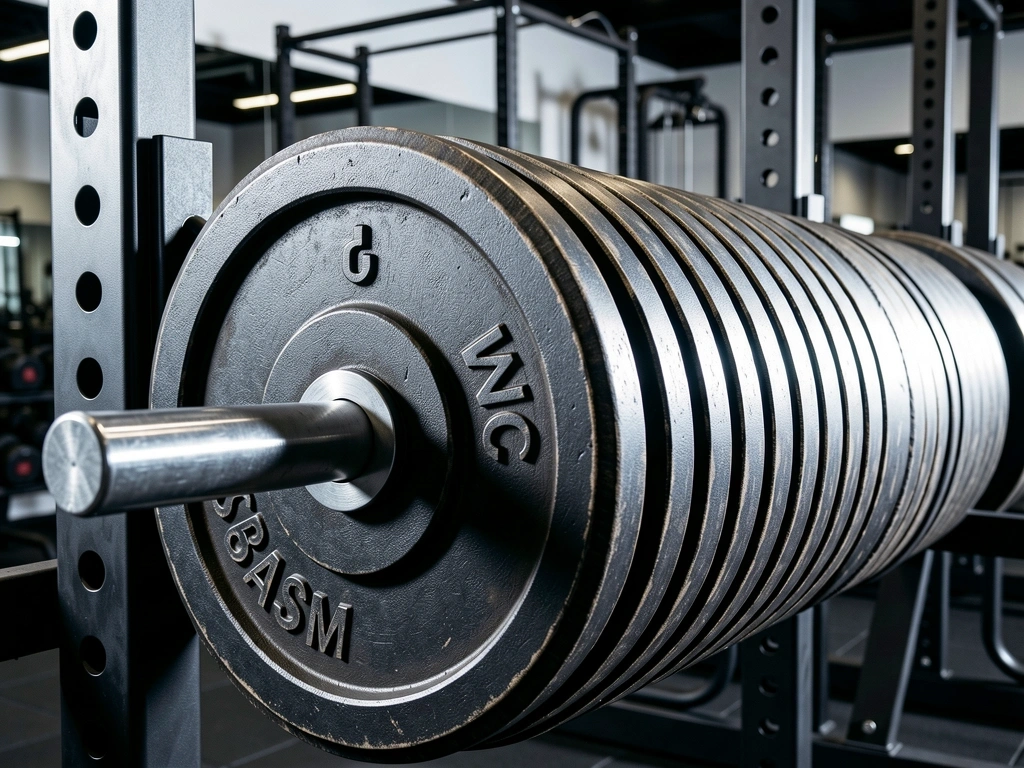 Nahaufnahme von Hantelscheiben im Kraftraum